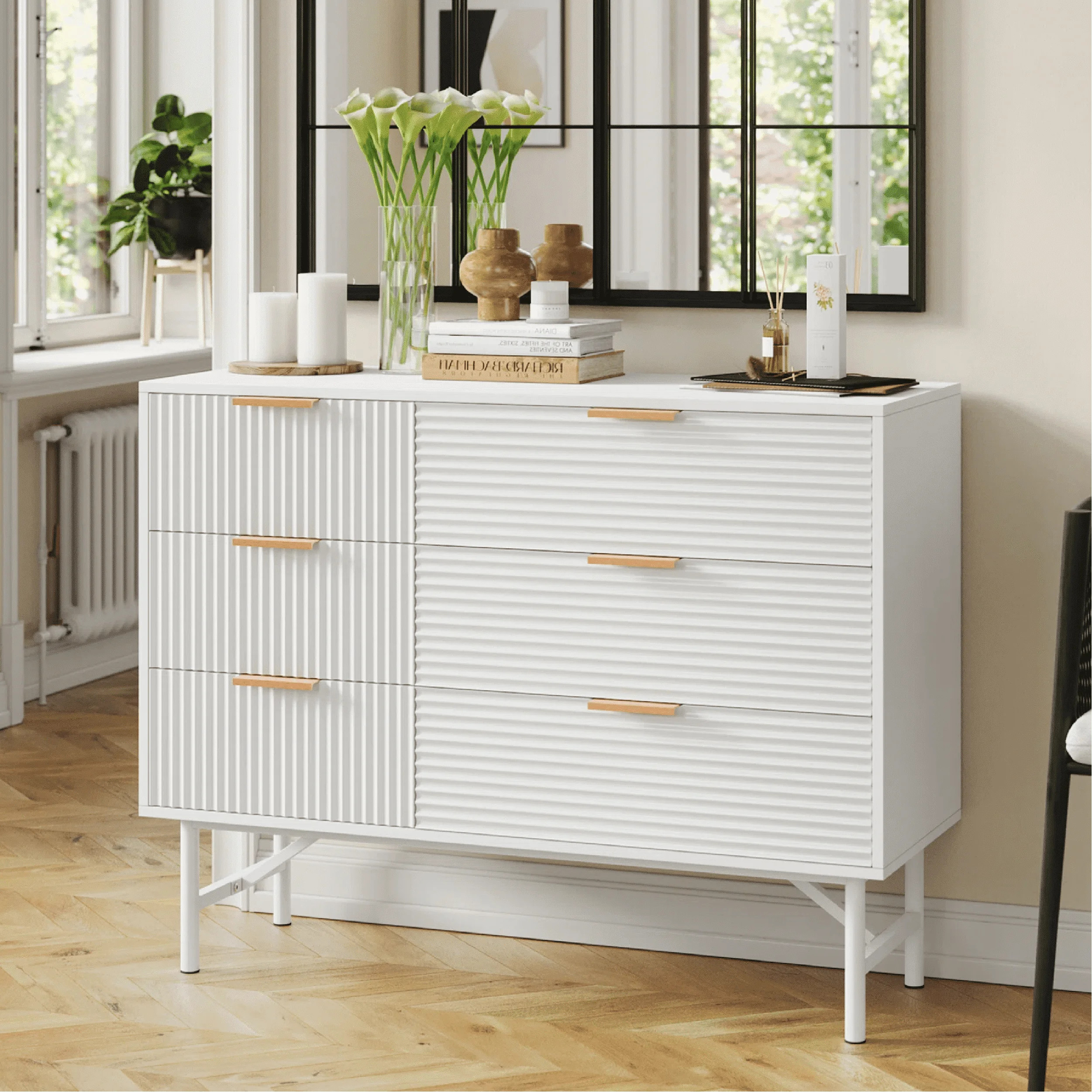 Homfa 6 Drawer Dresser for Bedroom, Modern Creamy Wave Panel Wood Storage Cabinet with Metal Base... | Walmart (US)