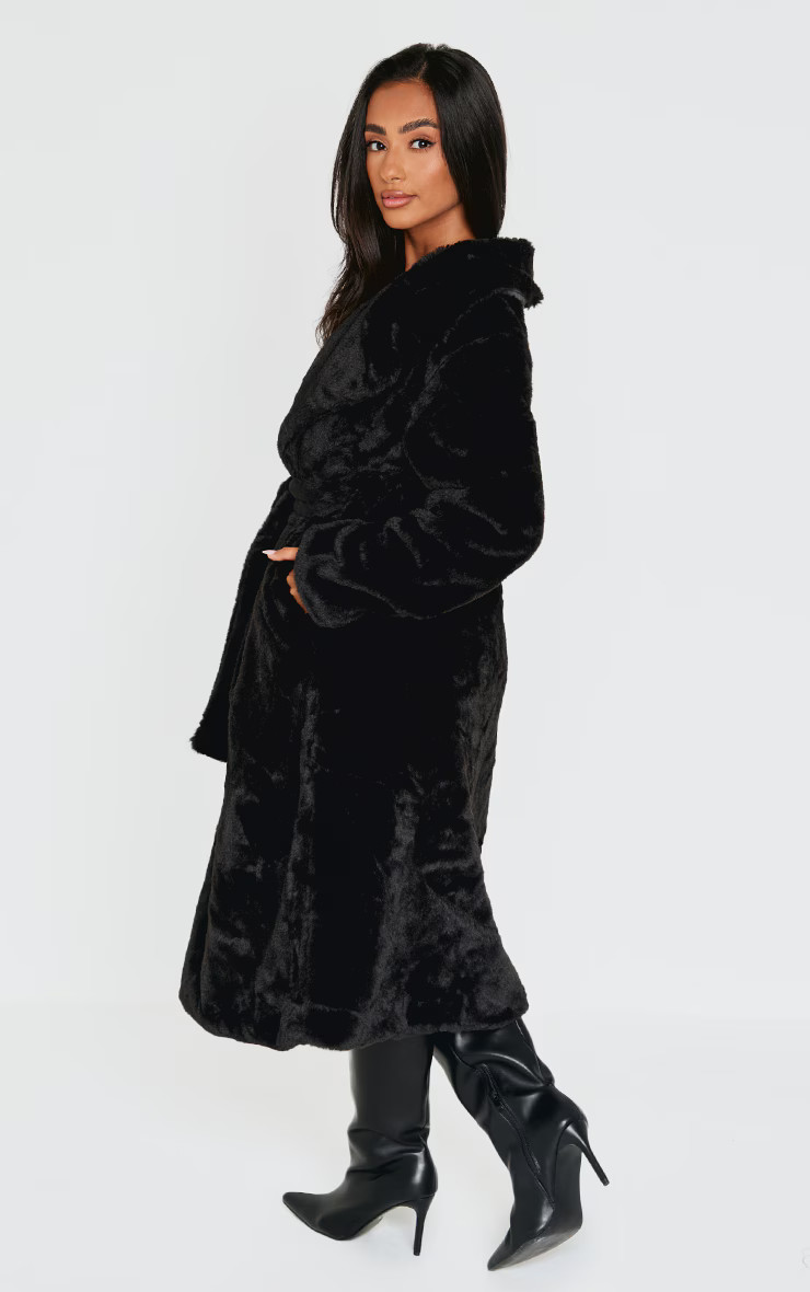 Petite Black Belted Faux Fur Coat | PrettyLittleThing US