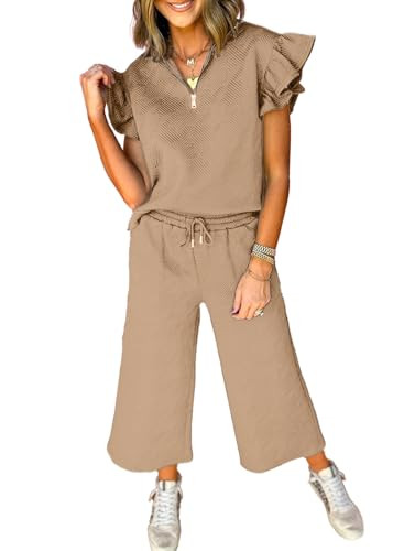 SHEWIN 2 Piece Sets Outfits for Women V Neck Collared Ruffle Short Sleeve Polo Shirts Quarter Zip... | Amazon (US)