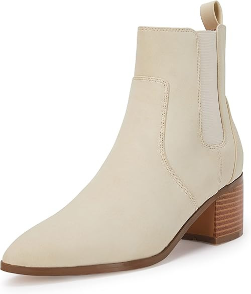 Coutgo Womens Ankle Boots Chelsea Pointed Toe Stacked Low Heel Vintage Booties Shoes with Zipper | Amazon (US)