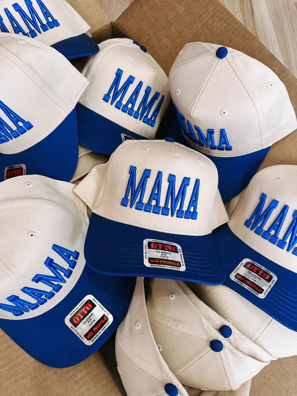 blue + cream mama puff trucker hat | Etta+East
