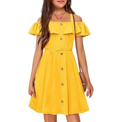 Arshiner Girls Dresses Summer Spaghetti Strap Cold Shoulder Ruffle Button Down A Line Dresses-Yellow-150 | Target