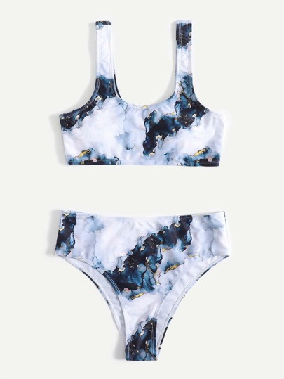 Marble Print High Waisted Bikini Swimsuit | SHEIN