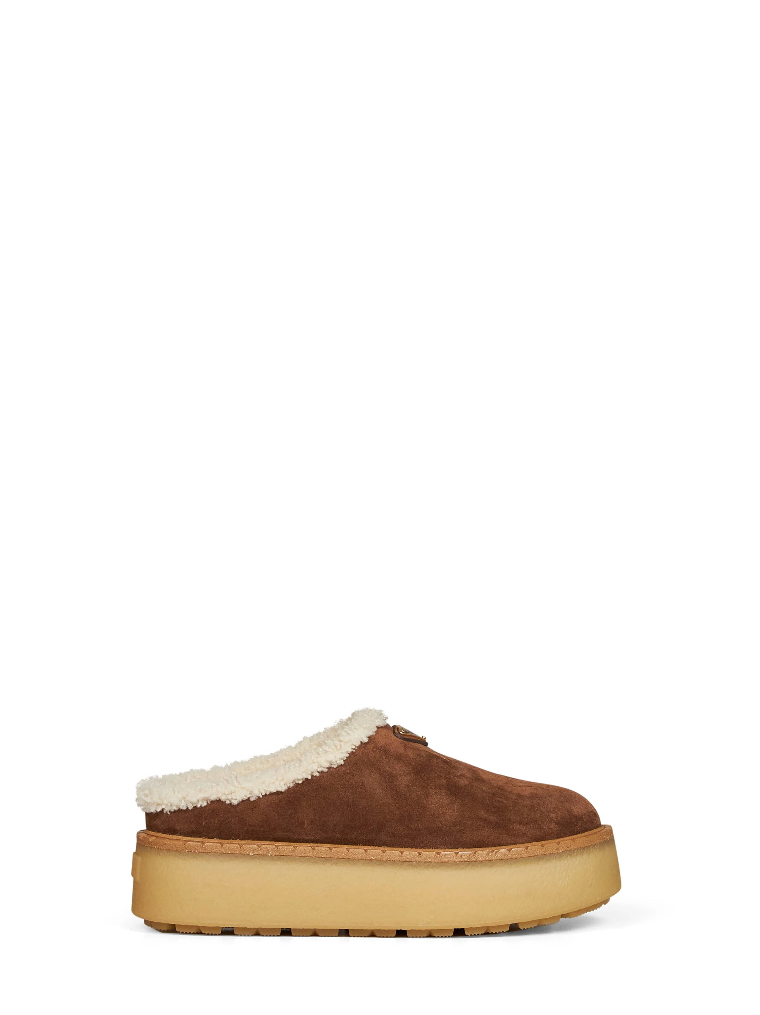 Prada Suede Mule with Sheepskin Lining Slipper — Brown | Italist Inc.