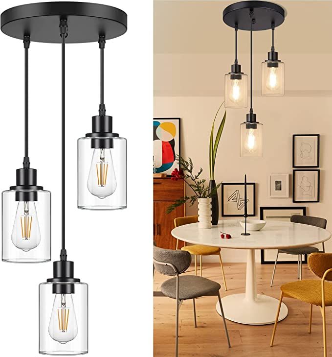 Industrial 3-Light Pendant Light, Adjustable Hanging Light Fixture with Clear Glass Shade, Mini P... | Amazon (US)