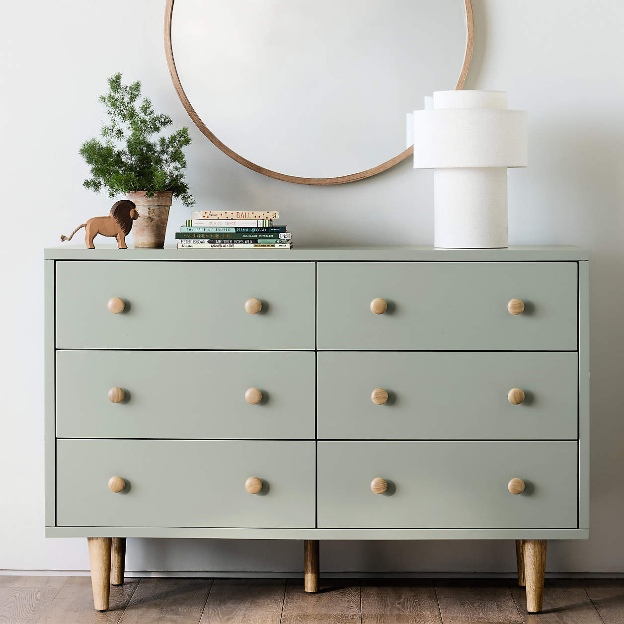 Finn 51" Sage Green Wood Wide 6-Drawer Kids Dresser + Reviews | Crate & Kids | Crate & Barrel