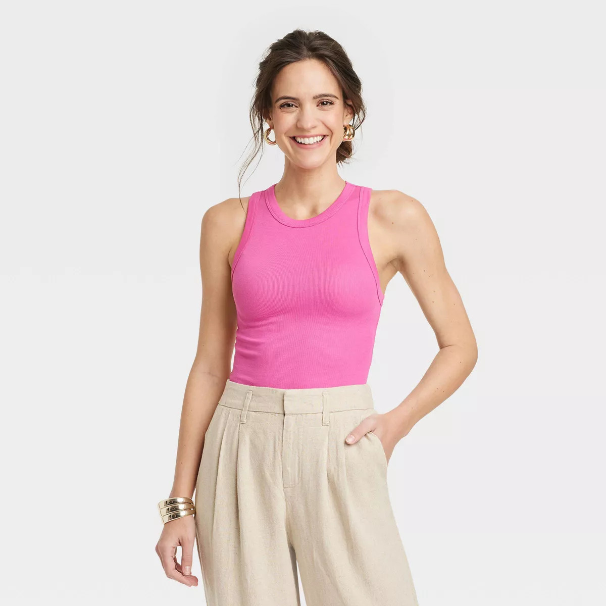 Women's Slim Fit Ribbed High Neck Tank Top - A New Day™ Pink XS | Target