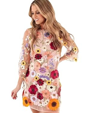 Dresses for Women 2024 3D Floral Embroidery Sheer Mesh Lace Party Cocktail Dress | Amazon (US)