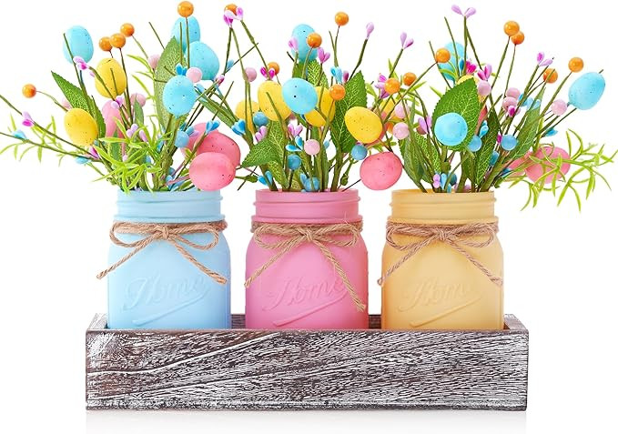 Mason Jar Spring Easter Table Decor, Centerpieces for Tables with Pastel Easter Eggs and Berries,... | Amazon (US)