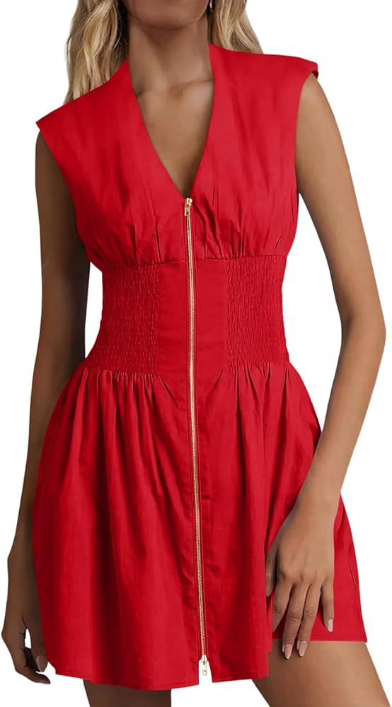 Fisoew Women's Sleeveless Casual Zip Dress Front V Neck Utility Summer Tank Mini Dresses with Poc... | Amazon (US)