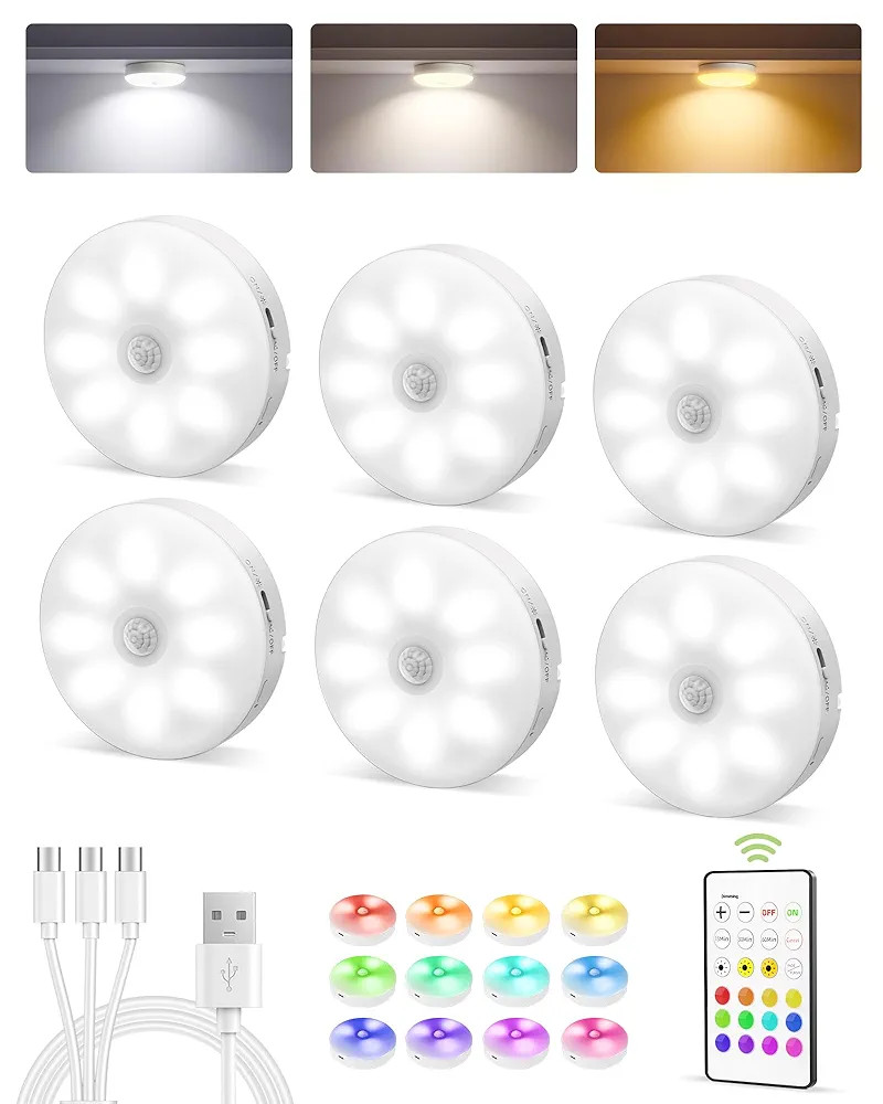 EZVALO 6-Pack Under Cabinet Lighting, Rechargeable Motion Sensor Puck Lights with Remote, 3 Color... | Amazon (US)