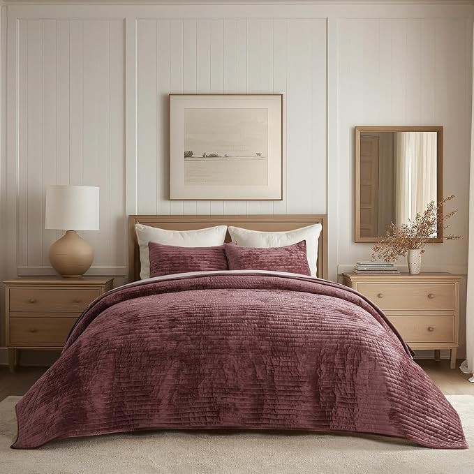 EVERGRACE Velvet Quilt Set King Size Striped Channel Bedding Set with 2 Matching Shams, Pastel Ma... | Amazon (US)