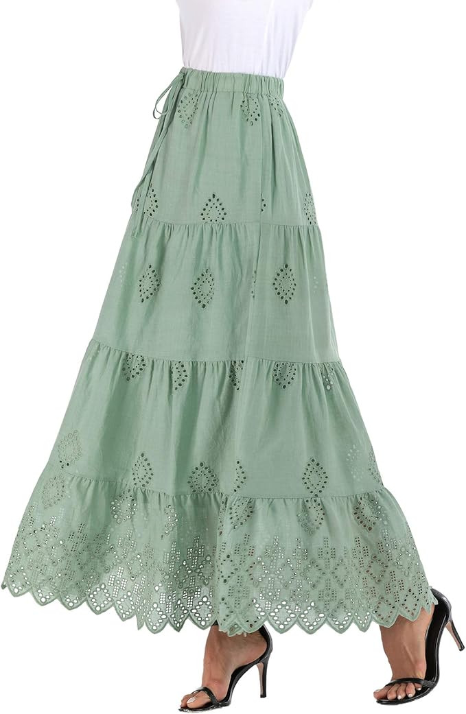Love Welove Fashion Women’s Summer 2023 Casual Solid Color Boho Embroidered Tiered Maxi Skirt | Amazon (US)