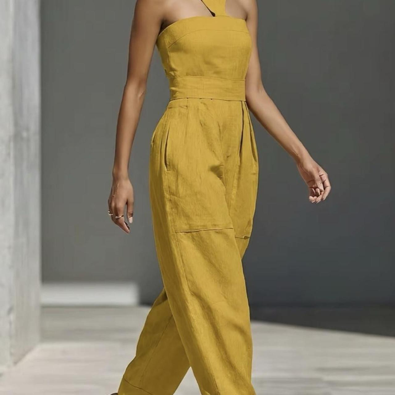 Yellow linen jumpsuit with a relaxed fit #summer #linen | Depop | Depop US