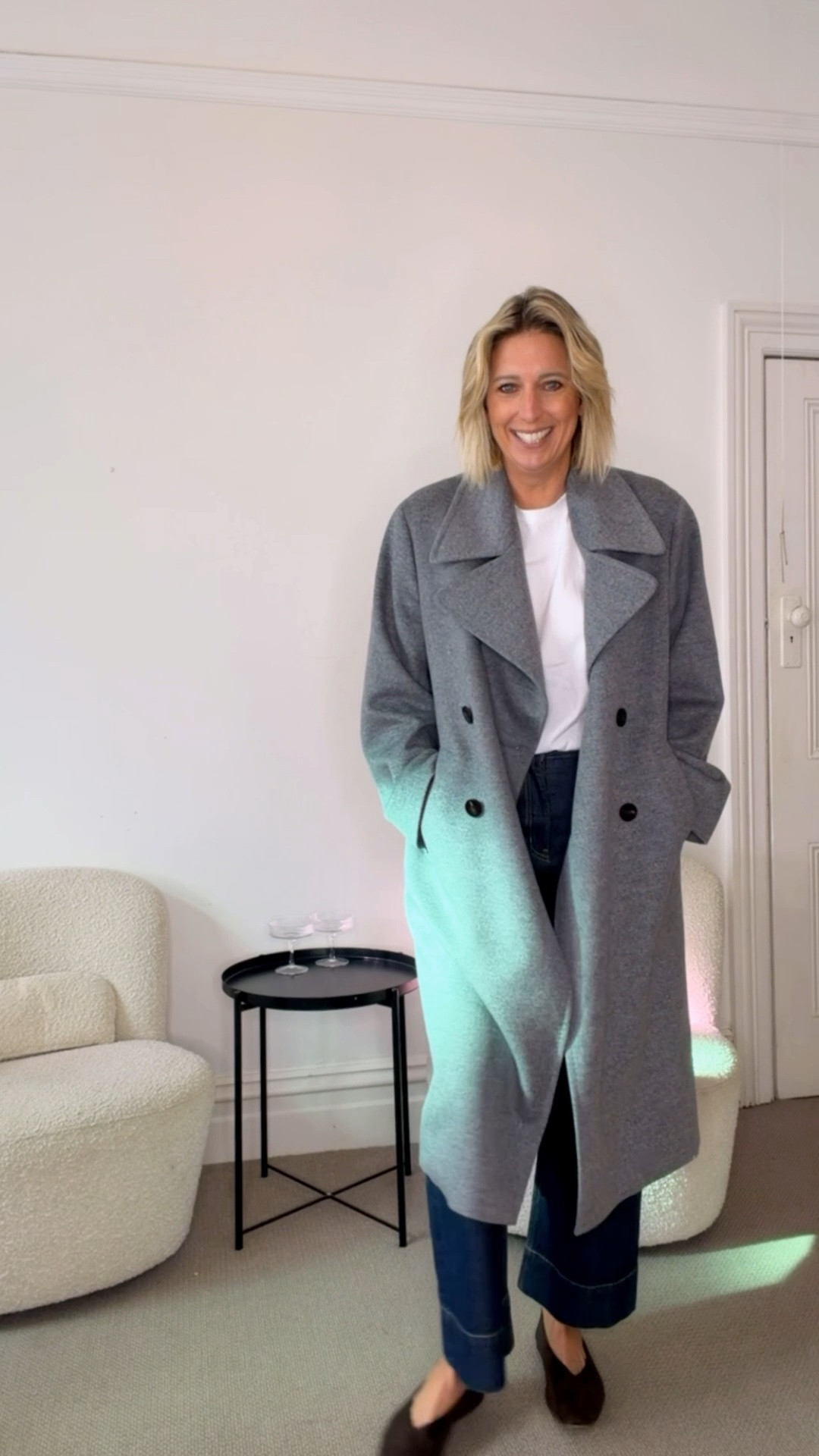 Now ON SALE! This coat is 100% wool and soooo soft and warm. Size down, I’m usually an M and wearing an S. 

Jeans are on sale too!!! True to size. Love this colour combo. 
🩶🤍🤎

#LTKsale #LTKjeans #LTKwinter