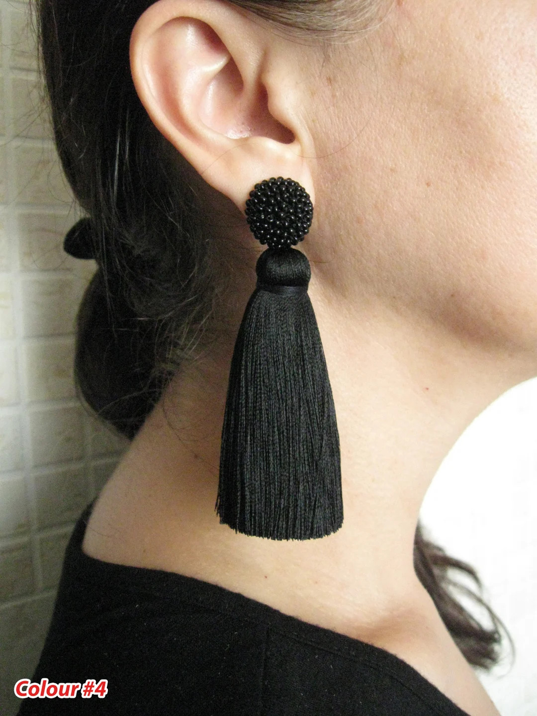 Thick Silk Black Tassel Earrings on Studs, Silk Black Beaded Thick Tassel Earrings, Massive Black... | Etsy (US)