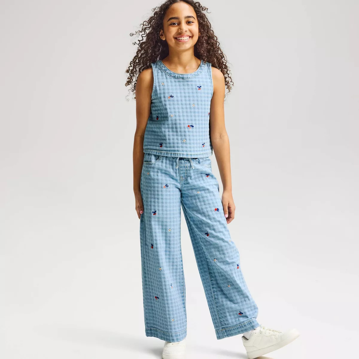 Girls' Mid-Rise Pull-On Denim Embroidered Wide Leg Pants - Cat & Jack™ Blue M | Target