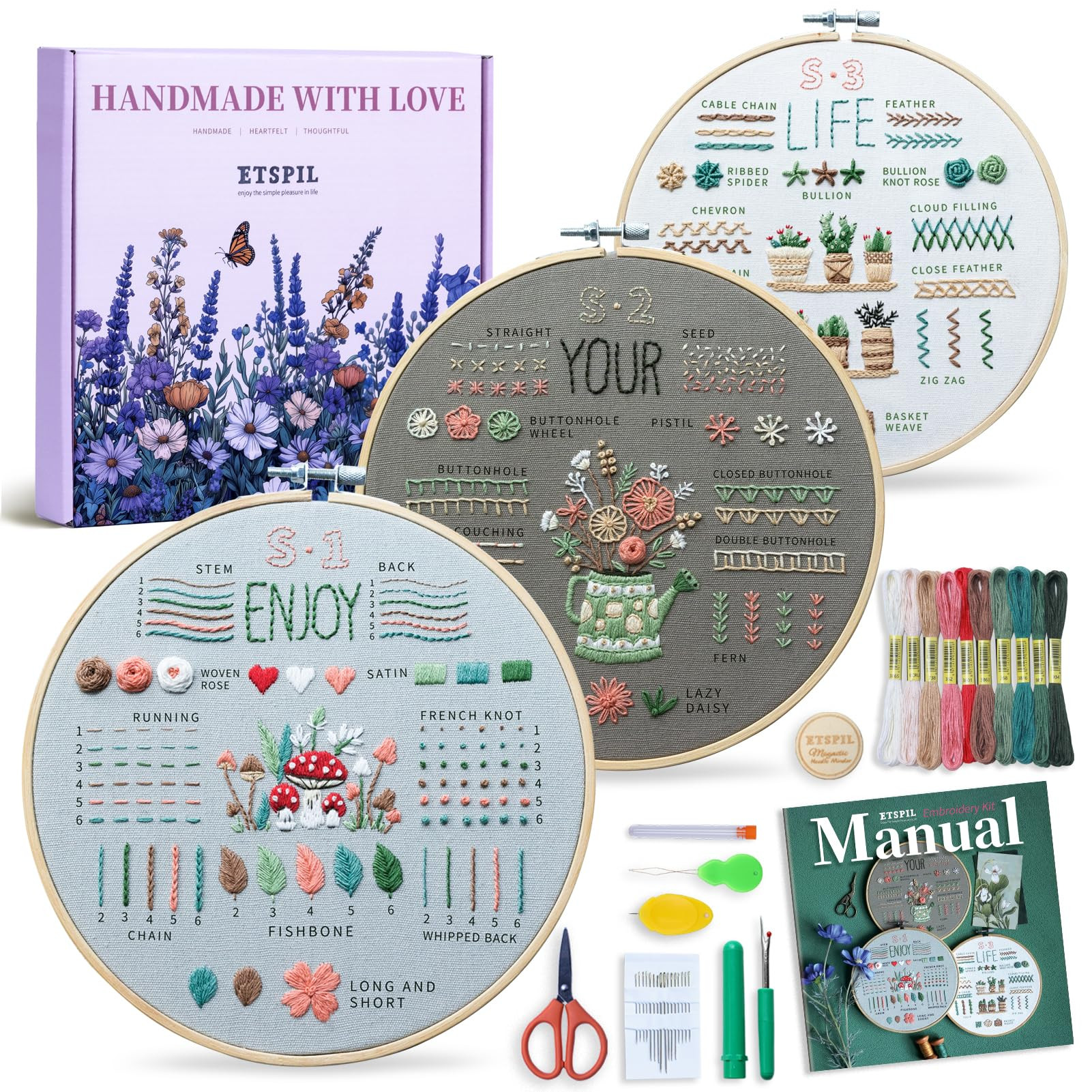 ETSPIL Embroidery Kit for Adult Beginners, 3-Pack 33-Stitch Practice Samplers, Pre-Stamped Patter... | Amazon (US)