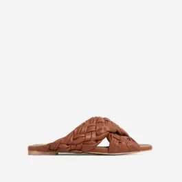Vista Woven Cross Strap Square Toe Flat Slider Sandal In Tan Brown Faux Leather | EGO Shoes (US & Canada)