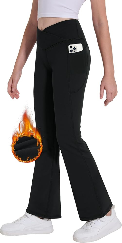 Desol Girl's Fleece Lined Flare Leggings with Pockets Crossover High Waisted Dance Bootcut Yoga P... | Amazon (US)