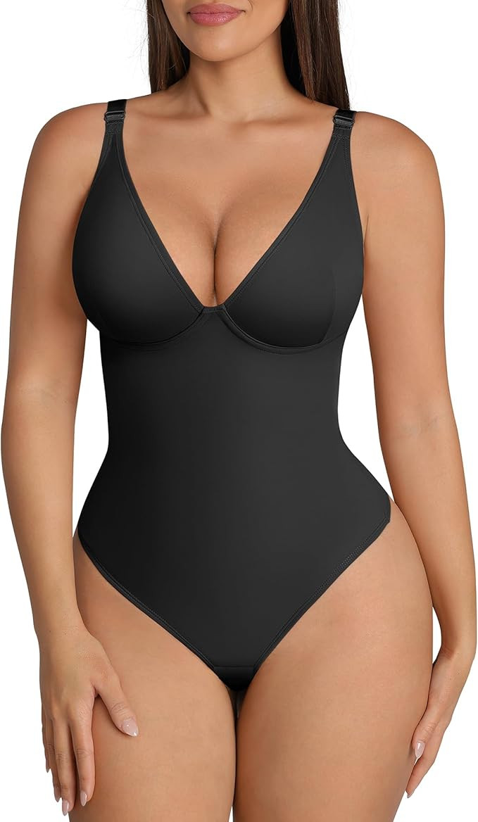 FeelinGirl Shapewear Bodysuits for Women Tummy Control Body Suits Deep V Neck Thong Body Shaper | Amazon (US)