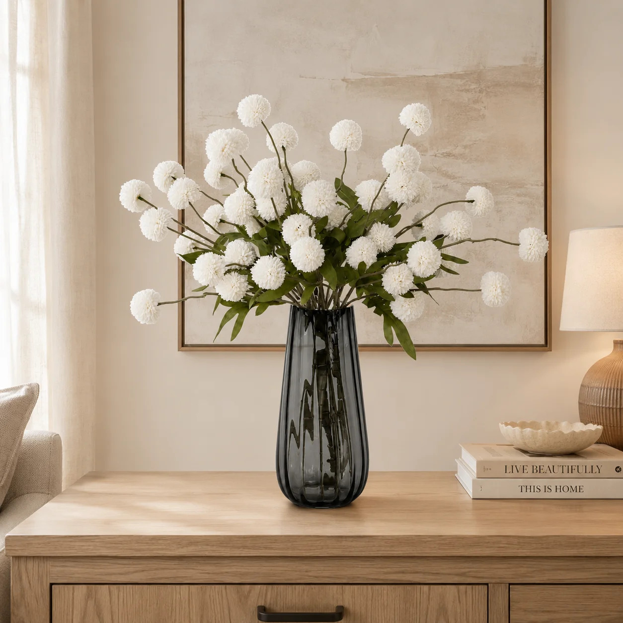10-Stem Faux Silk Chrysanthemum Arrangement in Smoky Gray Glass Vase | Wayfair North America