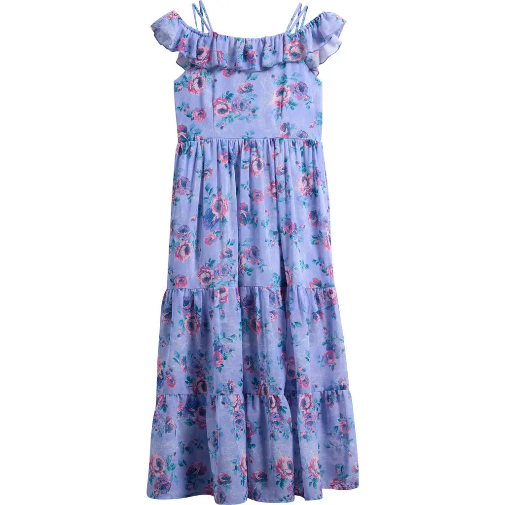 Ava & Yelly Kids' Print Ruffle Chiffon Maxi Dress in Peri Blue at Nordstrom, Size 8 | Nordstrom