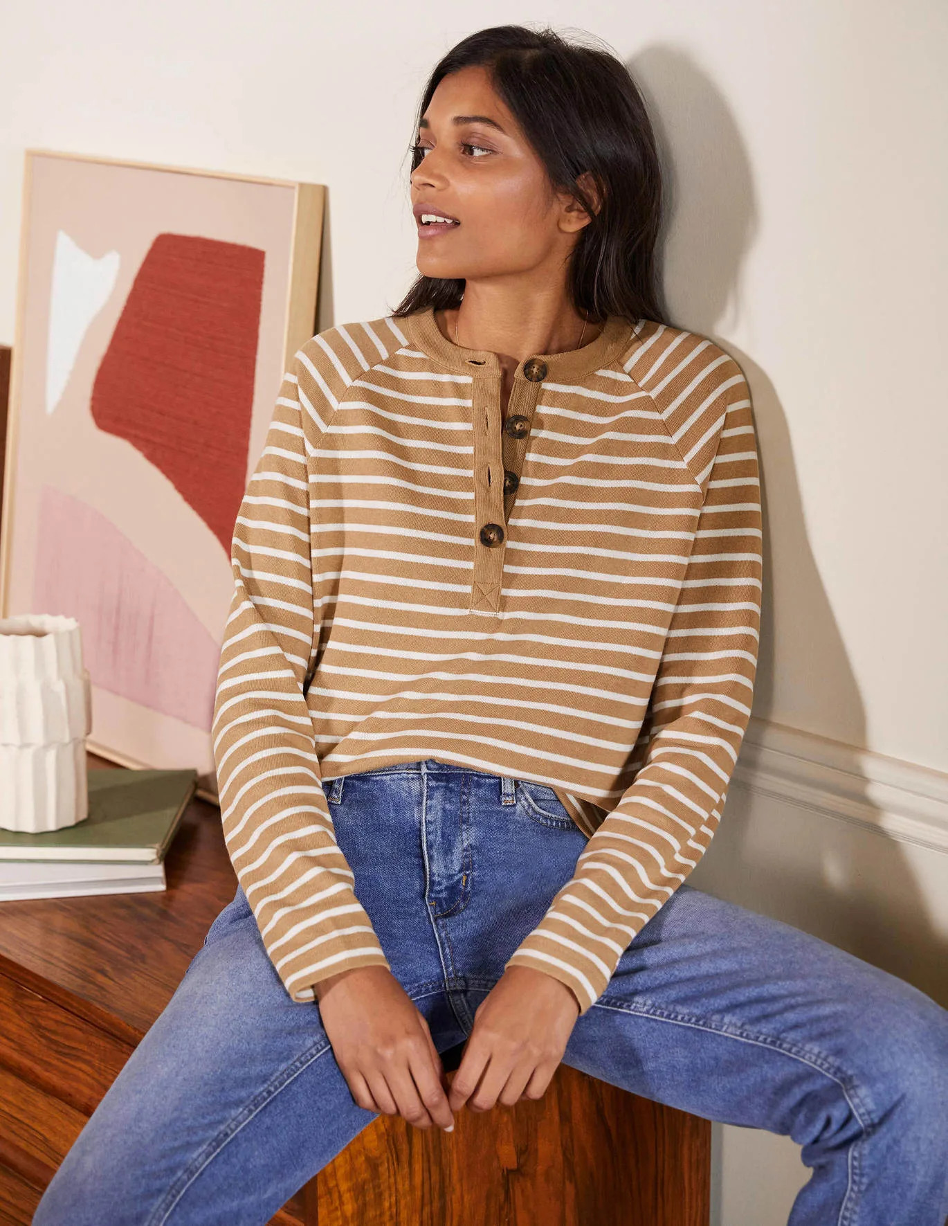 Mariner Henley Top - Ivory/Navy | Boden US | Boden (US)