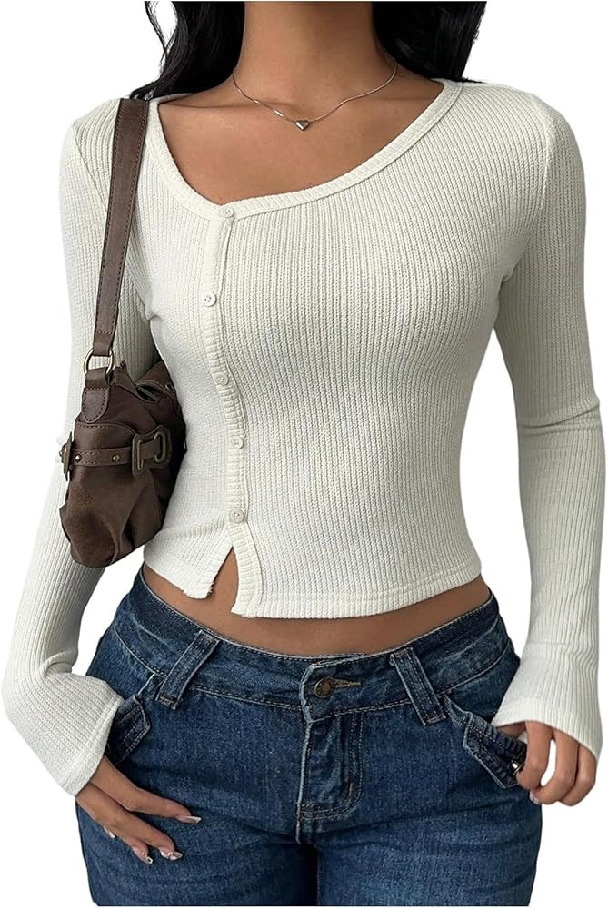 SHENHE Women's Ribbed Long Sleeve Top Button Up Slim Fitted Knit Tee Going Out Crop Top | Amazon (US)
