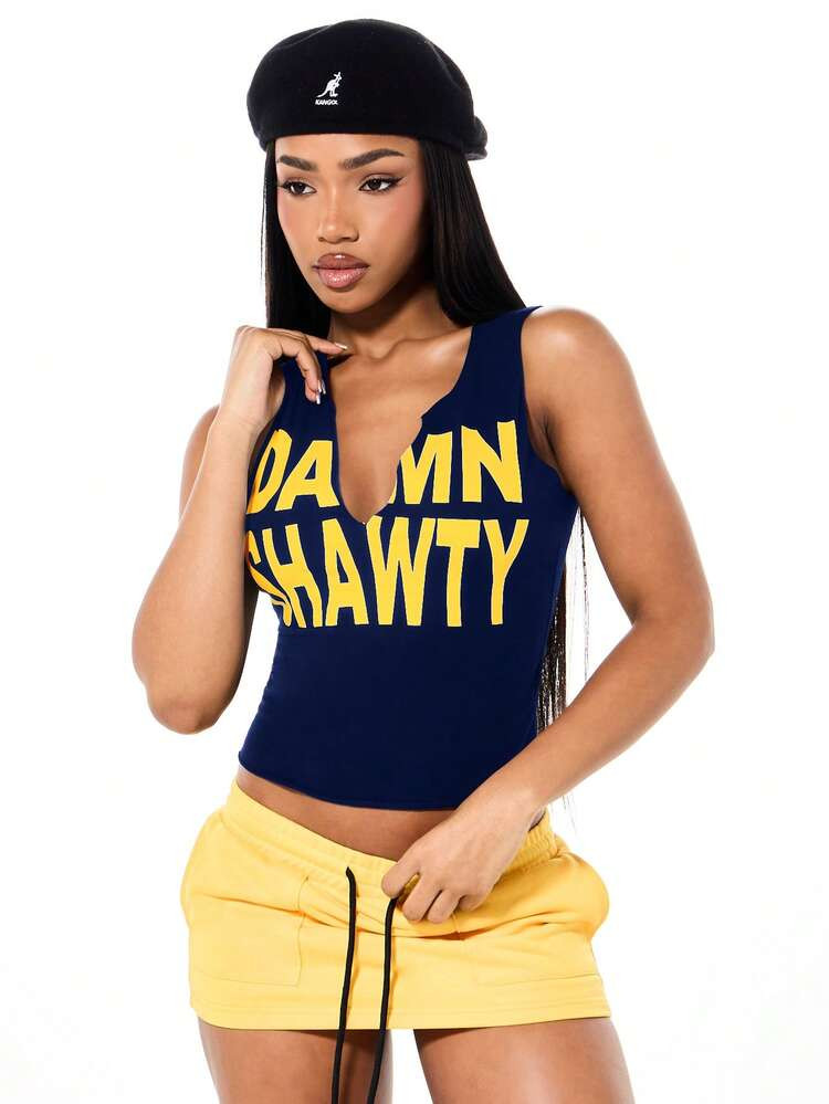 SUMWON WOMEN Navy Blue Sleeveless Tank Top With Bold Yellow Text Print Deep V Neck Cropped Summer... | SHEIN