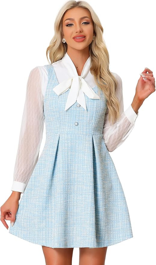 Allegra K Tweed Dress for Women's Pinafore Overall Sleeveless A-Line Plaid Tank Dresses | Amazon (US)