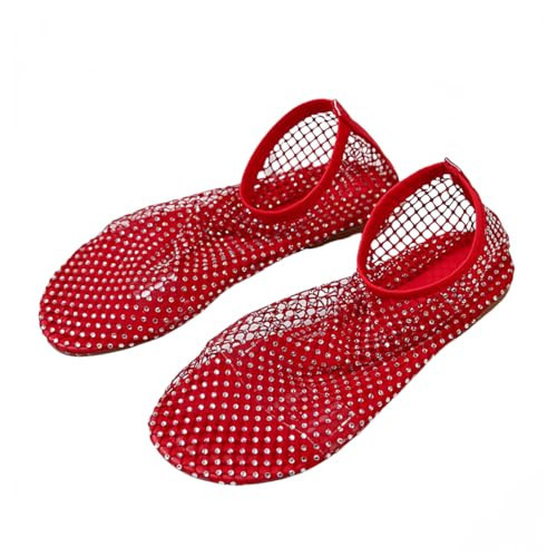 ITOZER Mesh Ballet Flats Round Toe Shiny Gem Mesh Flats Rhinestone Short Boots Sexy Sandals Cutout Sparkly Comfortable Beach Casual Dress Flats for Women Red | Amazon (US)