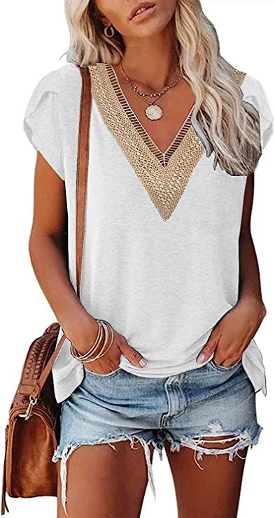ETCYY Cap Sleeve Summer Tops for Women 2023 Trendy Cute Tank Tops Loose Solid Color Lace Petal V ... | Amazon (US)