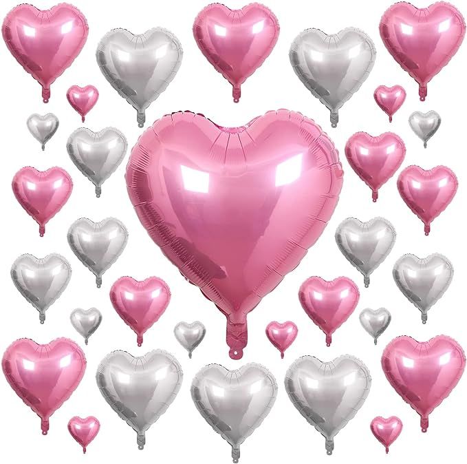 Songjum 31PCS Valentines Day Heart Foil Balloons Pink and Silver Heart Balloons with 32 Inch Pink... | Amazon (US)