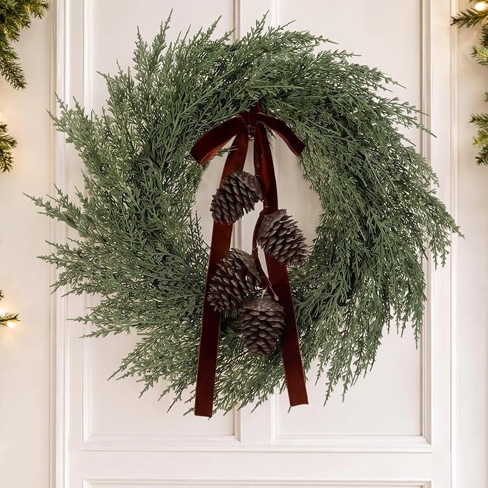 Wavyknot 24'' Cedar Christmas Wreath for Front Door with Pinecone Ribbon | Amazon (US)