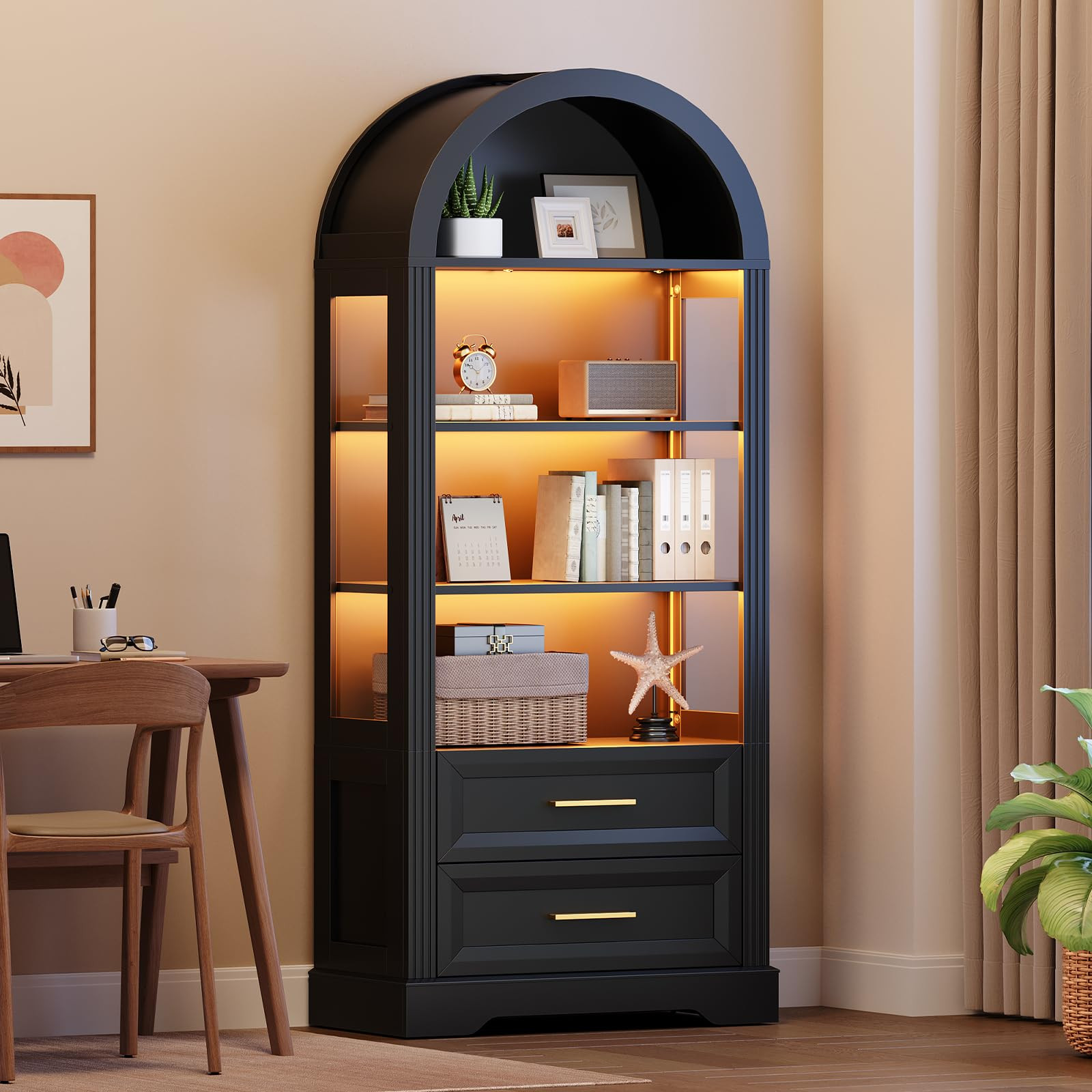 HOOBRO Tall Arched Bookshelf, Arch Bookcase with 2 Storage Drawers, Farmhouse Wooden Display Cabinet with Lights, Open Storage Book Shelf for Living Room, Home, Office, Black BK170DSJ01 | Amazon (US)