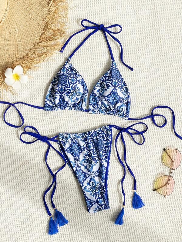 Allover Print Tassel Decor Halter Triangle Bikini Swimsuit | SHEIN