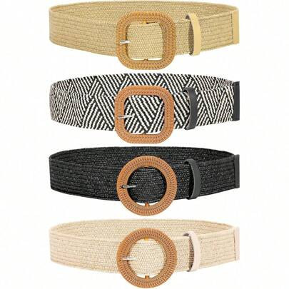 4 Pack Straw Woven Elastic Stretch Belts Women, Wide Boho Braided Dress Belts With Wooden Style Buckle | SHEIN