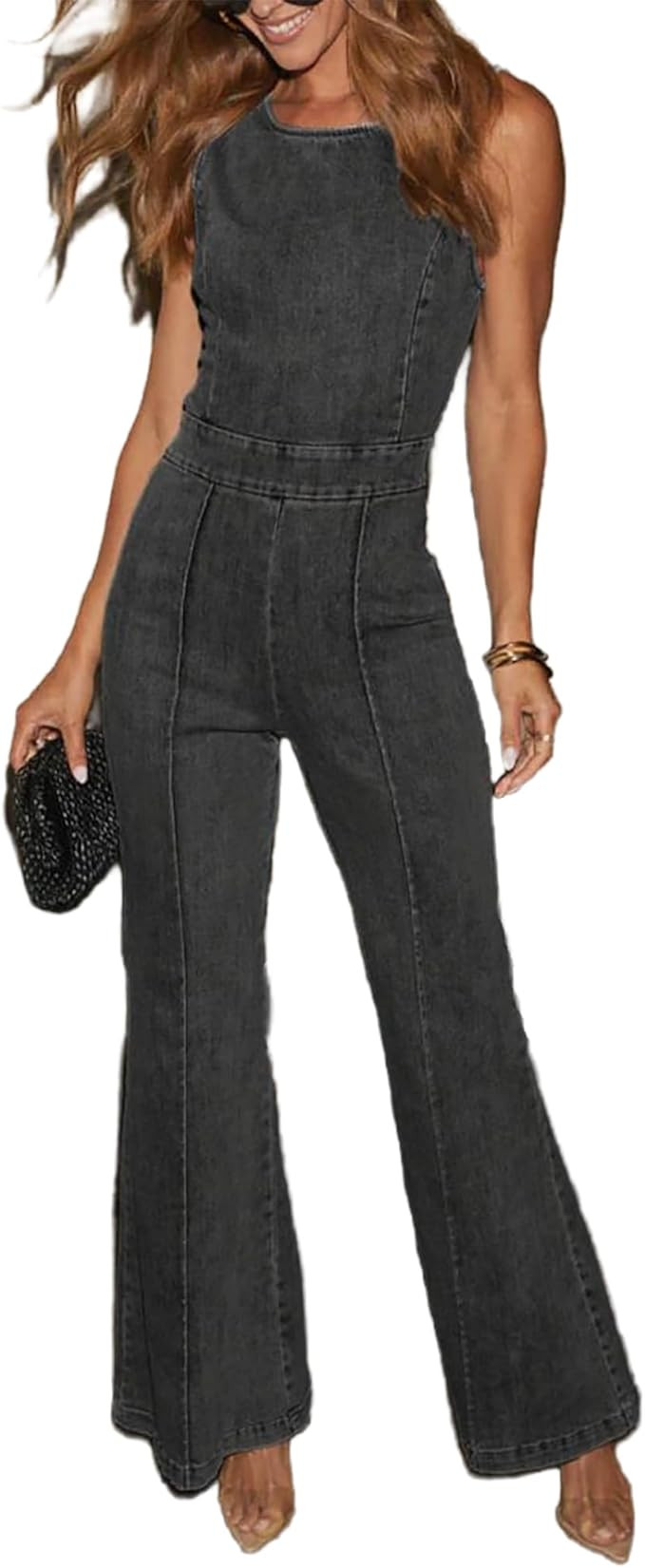 Denim Jumpsuit for Women Formal Back Tie Crew Neck Pants Rompers Business Streetwear | Amazon (US)