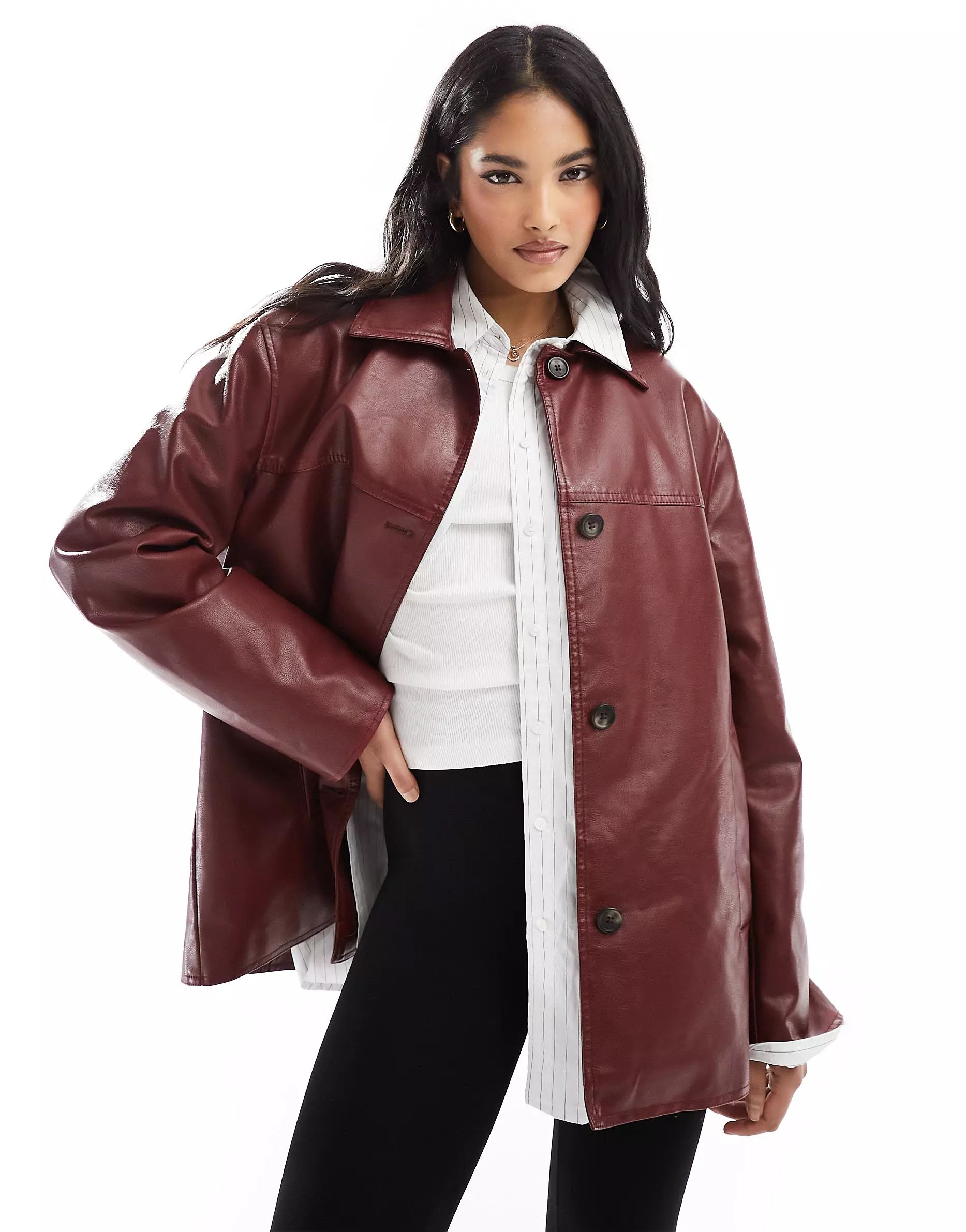 ASOS DESIGN faux leather clean top collar jacket in burgundy | ASOS | ASOS (Global)
