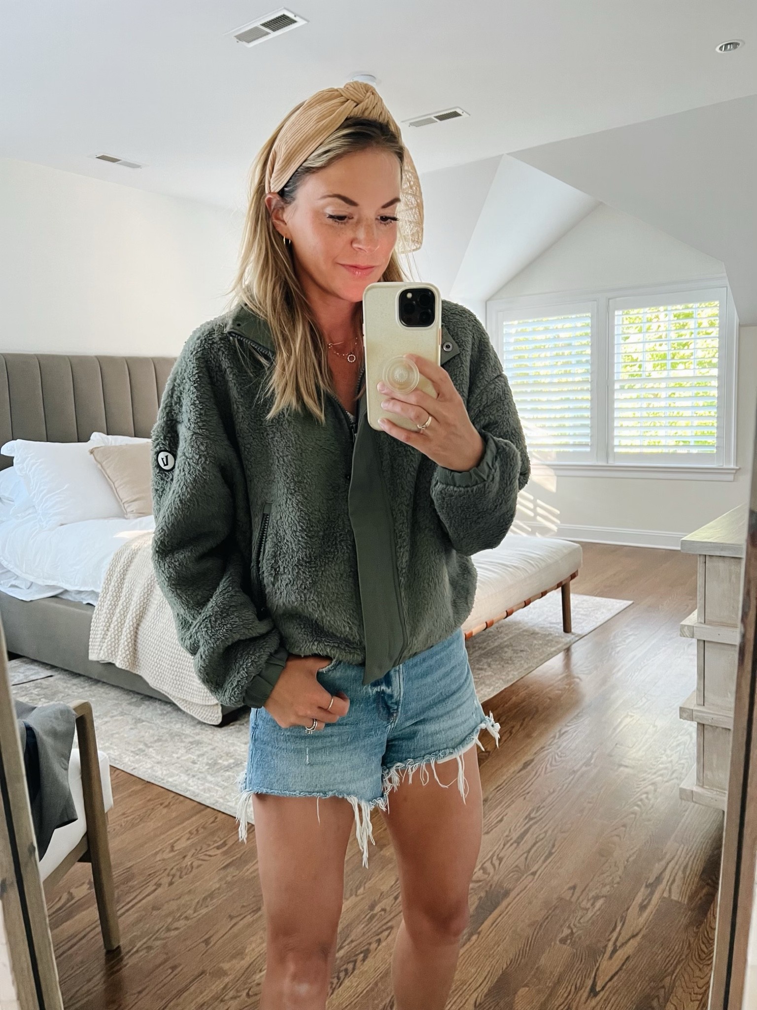 School drop off 
•cozy Sherpa - size small
•knotted headband 25% off 
•shorts are tts 