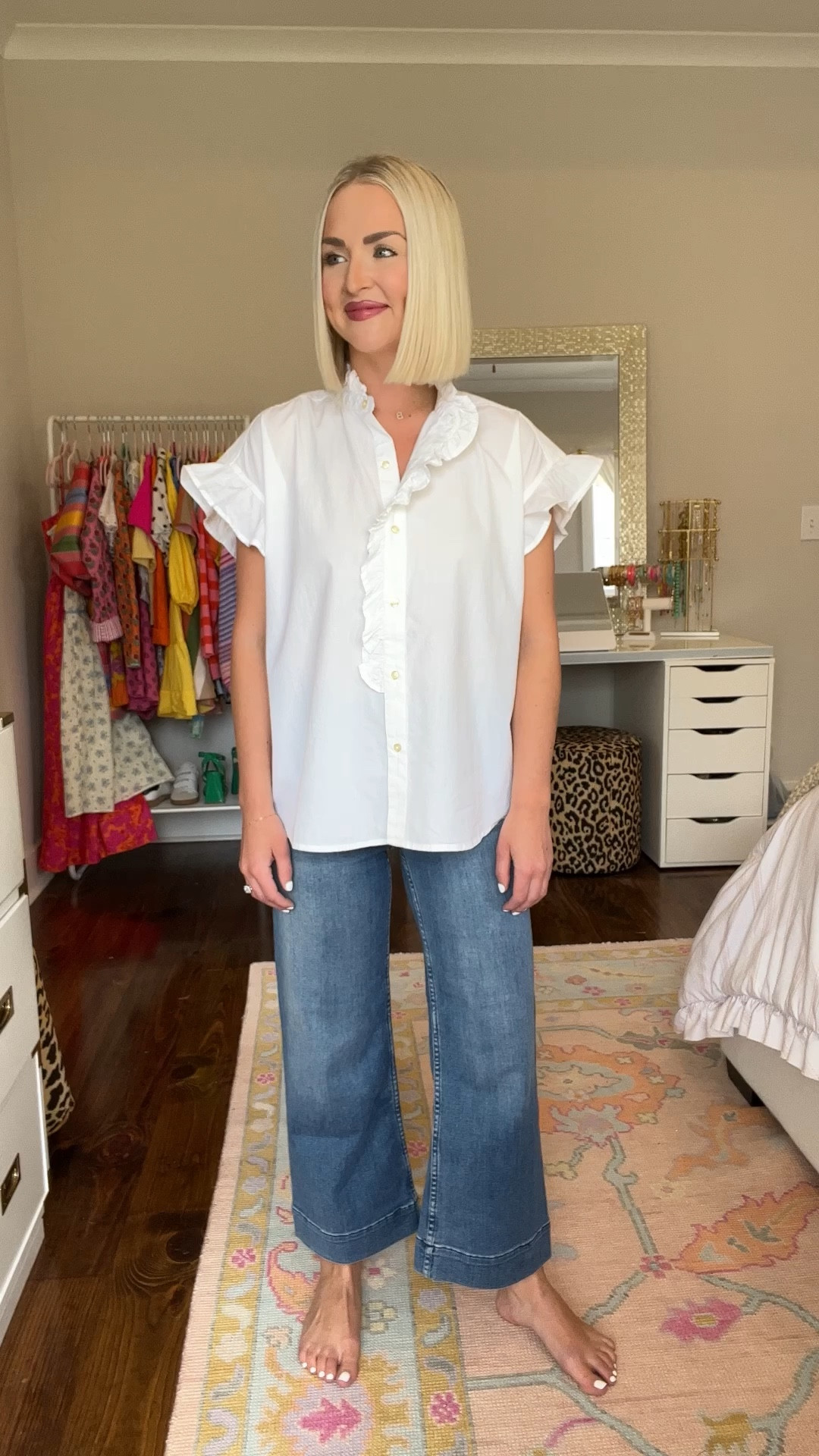 White ruffle blouse / office blouse / white office top / teacher outfit ideas / affordable white top 
Size: XS top, 24 petite jeans 

#LTKStyleTip #LTKBacktoSchool #LTKVideo