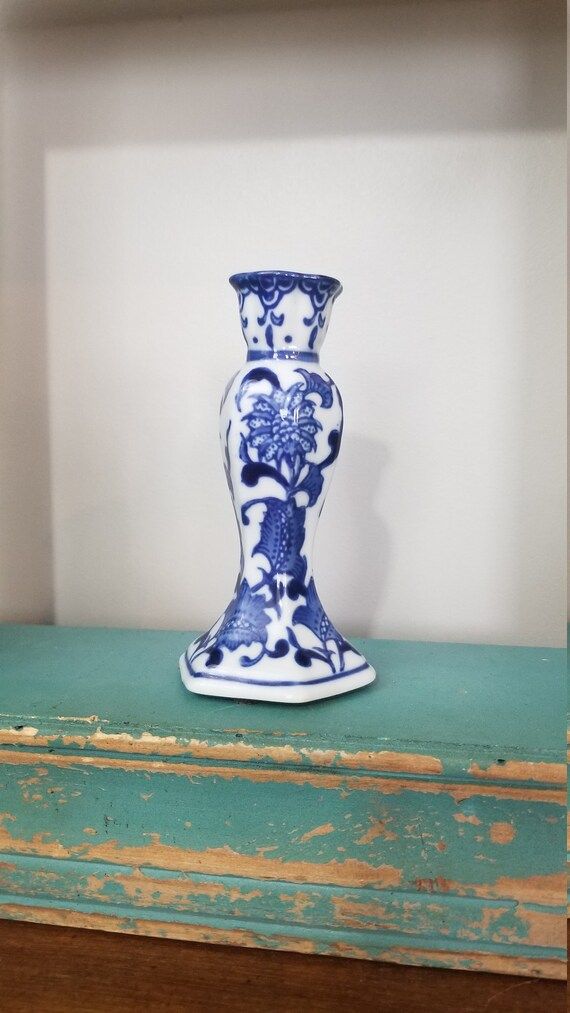 Blue and White Porcelain Candle Holder | Vintage Folk Art Farm House Decor | Etsy (US)