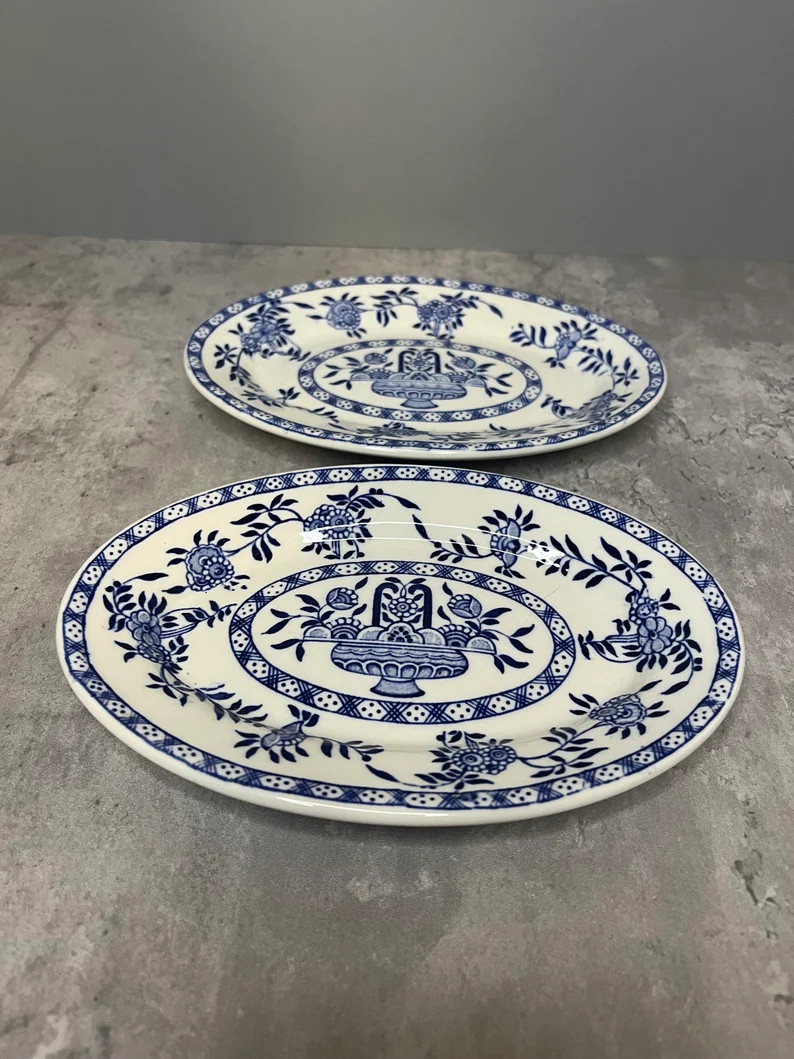 Small Oval Restaurant Ware Blue & White Plate - Walker China - Vintage - 2 available | Etsy (US)