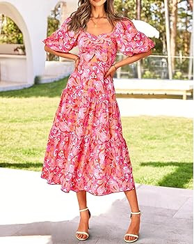 BTFBM Summer Dresses for Women 2026 Spring Outfits Beach Vacation Short Sleeve Smocked Boho Casua... | Amazon (US)