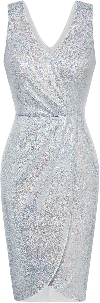 GRACE KARIN Women's Sexy Sequin Sparkly Glitter Party Dress Club Dress Sleeveless V-neck Ruched C... | Amazon (US)