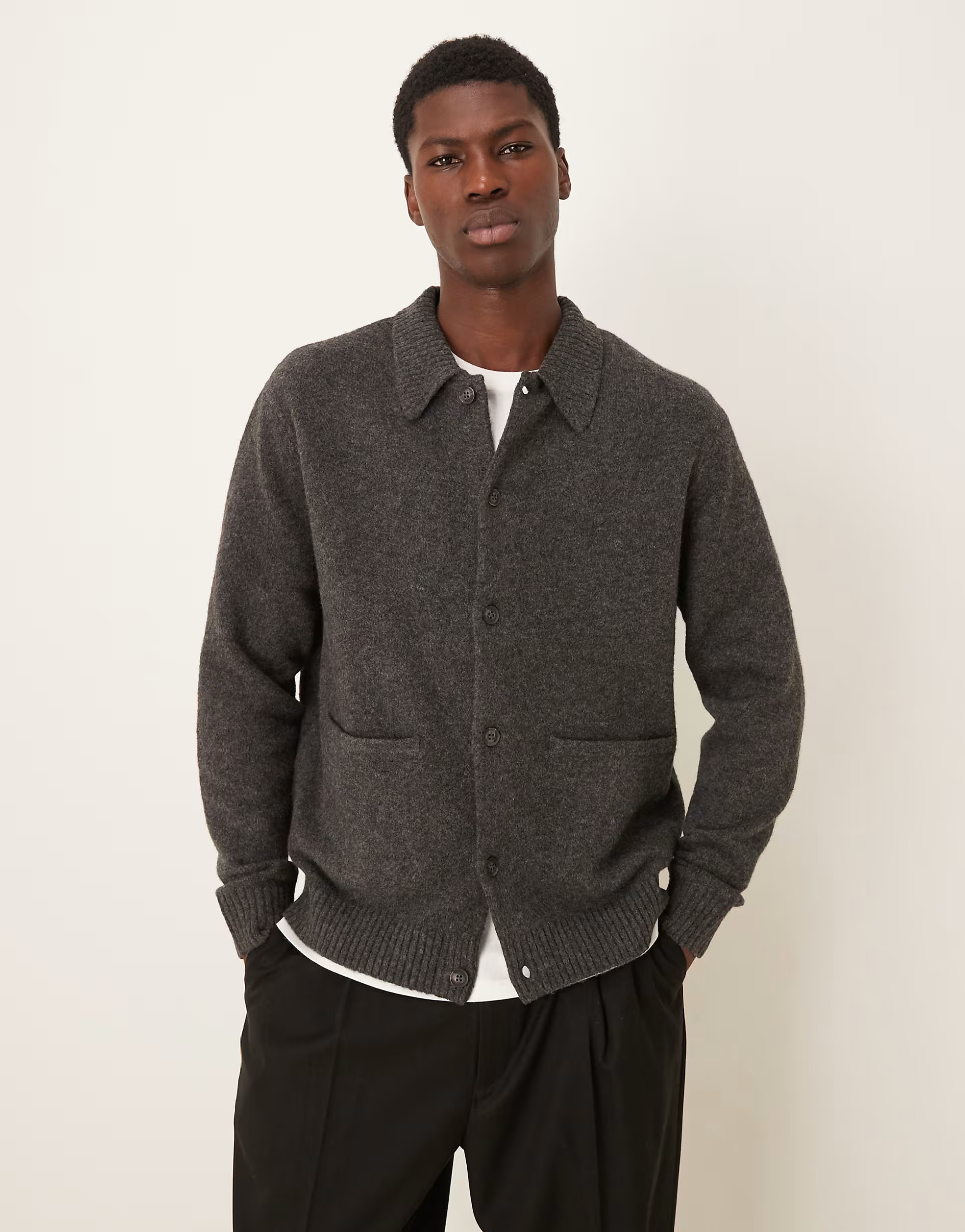 ASOS DESIGN relaxed knitted wool blend cardigan with front pockets in grey | ASOS (Global)