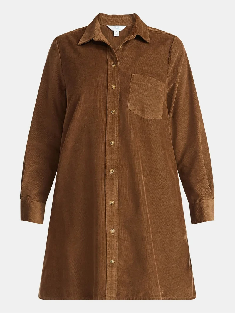 Time and Tru Women's Corduroy Shirtdress with Long Sleeves, Sizes XS – XXXL | Walmart (US)