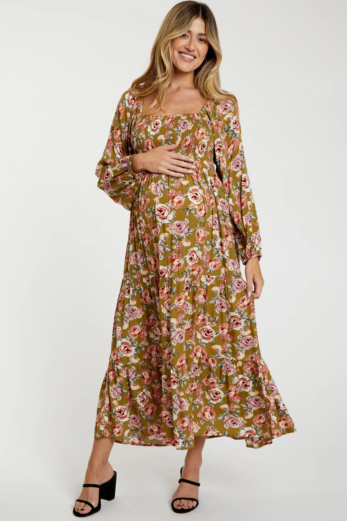 Olive Floral Long Sleeve Maternity Maxi Dress | PinkBlush Maternity