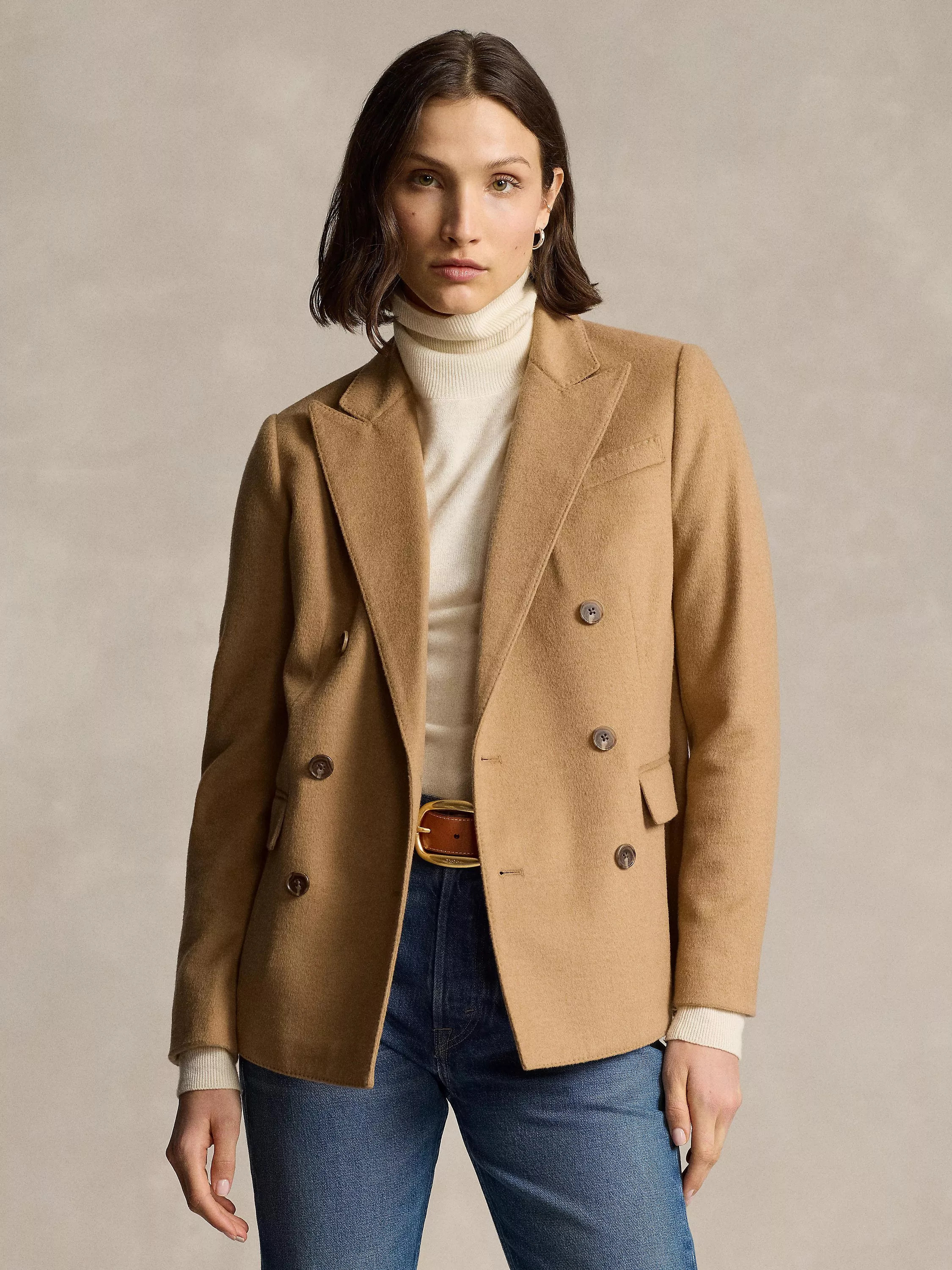 Polo Ralph Lauren Wool Blend Knitted Double Breasted Blazer, Polo Camel | John Lewis (UK)